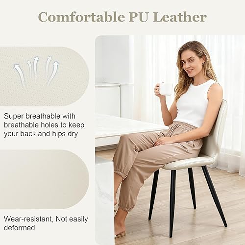 Miniatura 3 de Juego de 6 sillas de comedor de cuero, modernas de mediados de siglo, sillas tapizadas para cocina, comedor con patas de metal, pies ajustables para