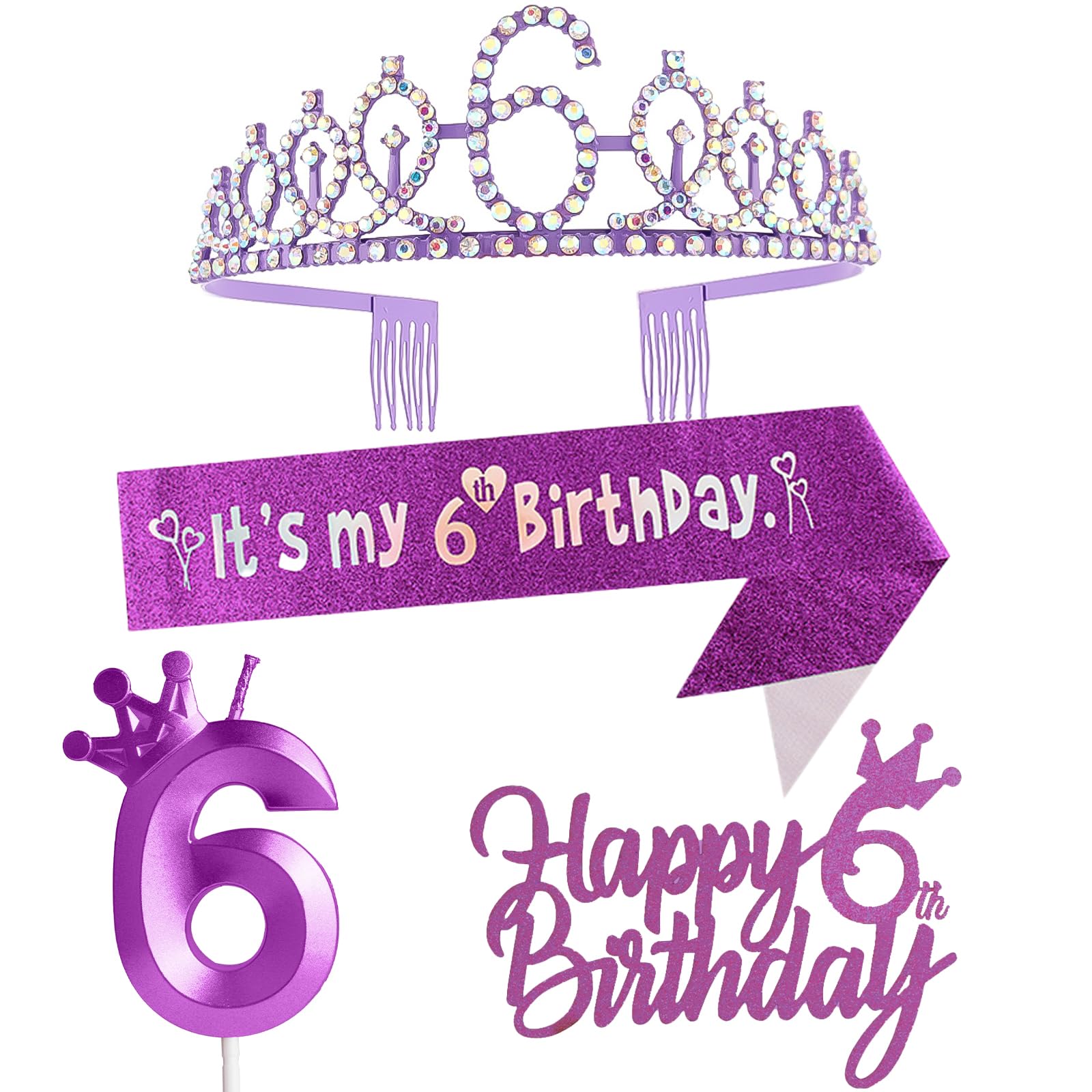 6th Birthday Decorations Including 6th Birthday Crown/Tiara, Sash, Happy Birthday Cake Toppers and Number 6 Candles, Purple Birthday Party Supplies 6 Year Old Birthday Gift Ideas