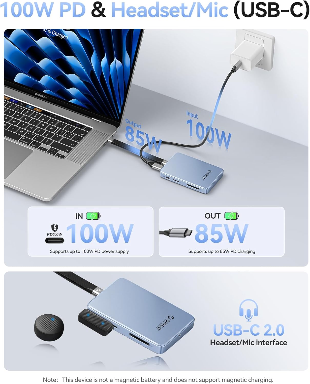 ORICO AP80F PD 100W Charging and Headset/Mic Port