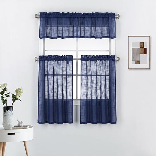 Miniatura 7 de Diamond Home Linens Juego de 3 cortinas de lino semitransparentes para ventana de cocina, de 36 pulgadas de largo, color blanco.