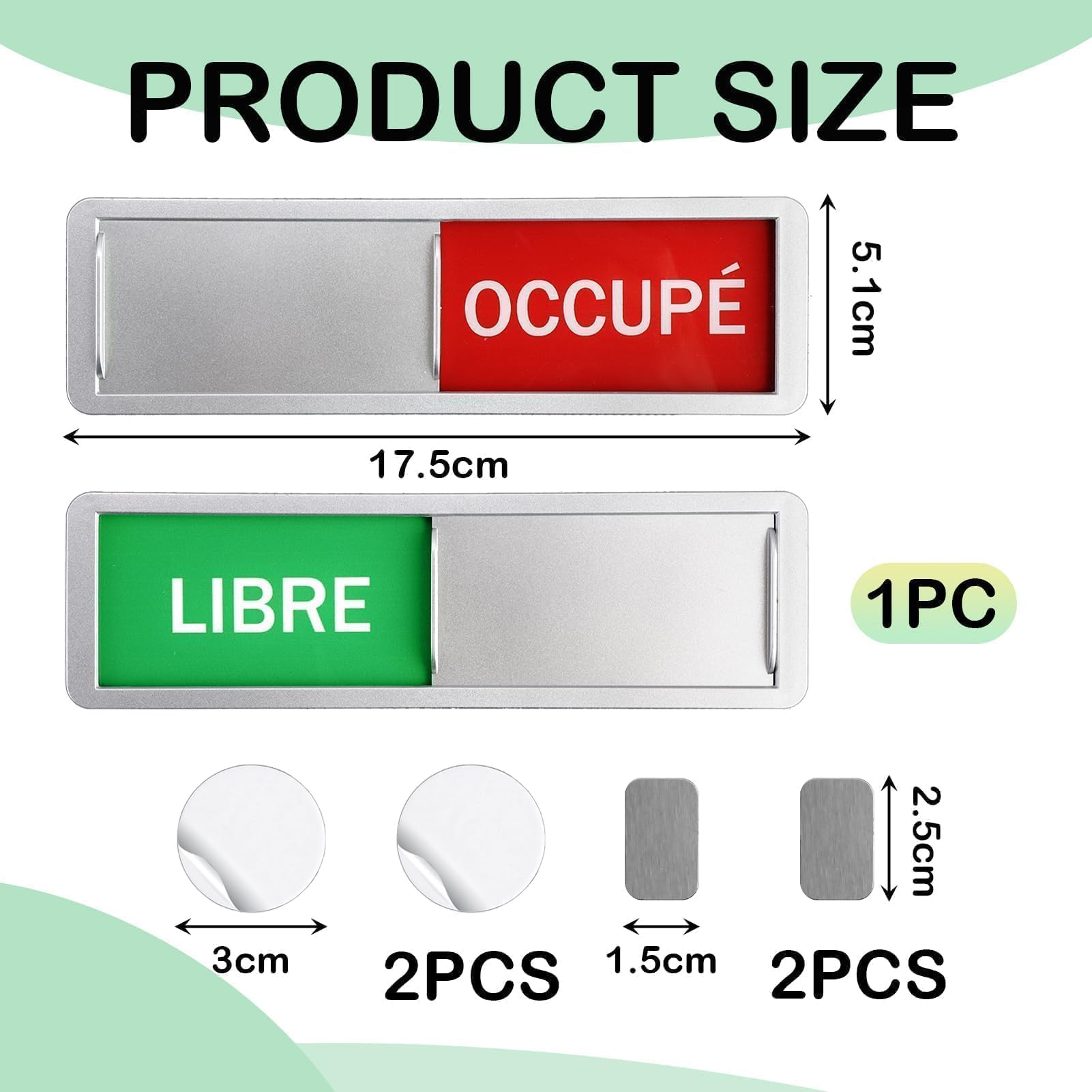 Produktbild von GlasFlength Türschild Frei/Besetzt Magnetisch 17,7x5,2cm – Mit 2 Runden Aufklebern, Für Büro, WC, Besprechung, Silber
