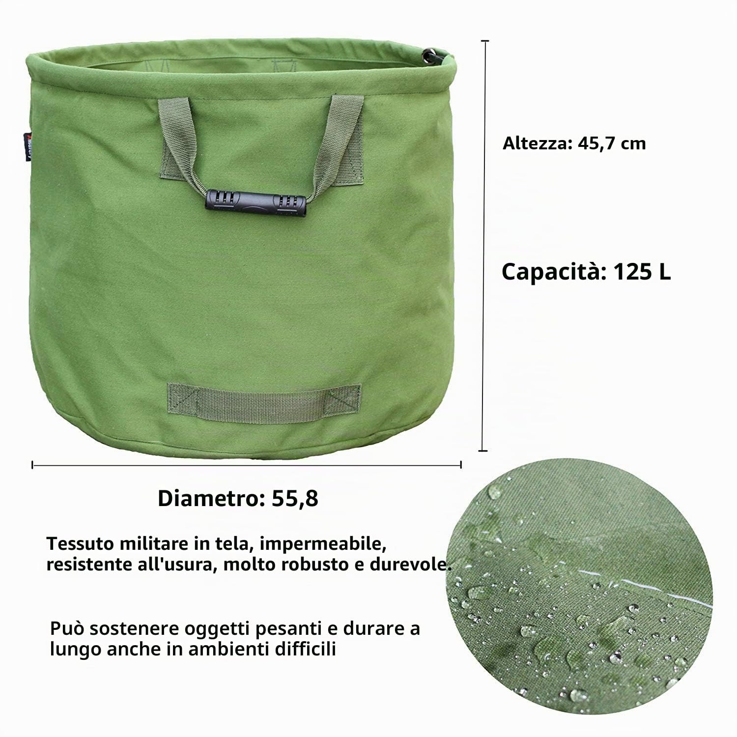 Sacco da Giardino 125L Resistenti con Manici, Sacchetto Foglie Verdi con Tessuto Militare Canvas (H45.7 cm, D55.8 cm)