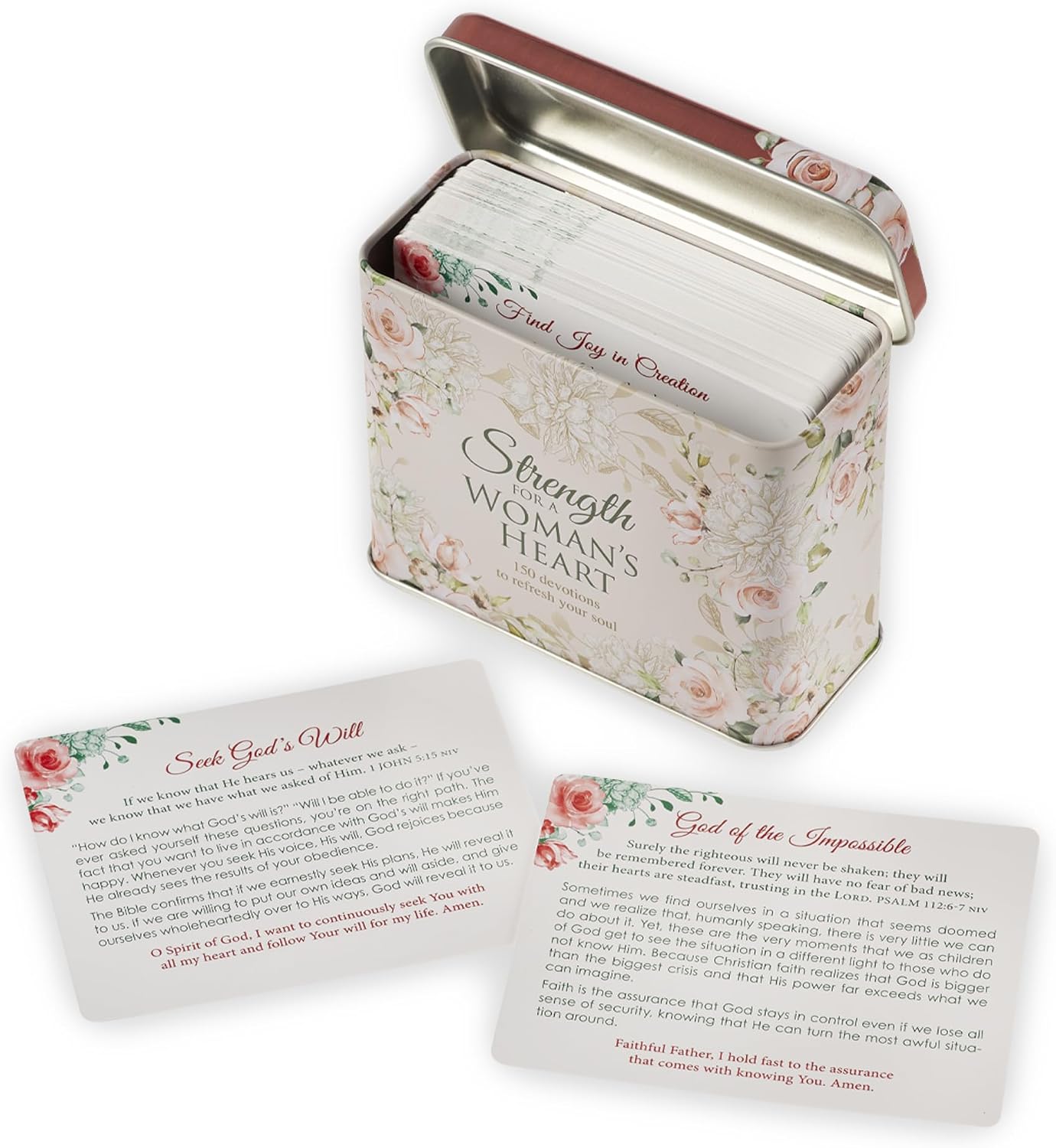 Christian Art Gifts Scripture Verse Prayer Devotional Cards for Women & Teens: Strength for a Woman's Heart 150 Inspirational Devotions, 75 Colorful Double-Sided Cards, Sturdy Floral Gift Storage Tin