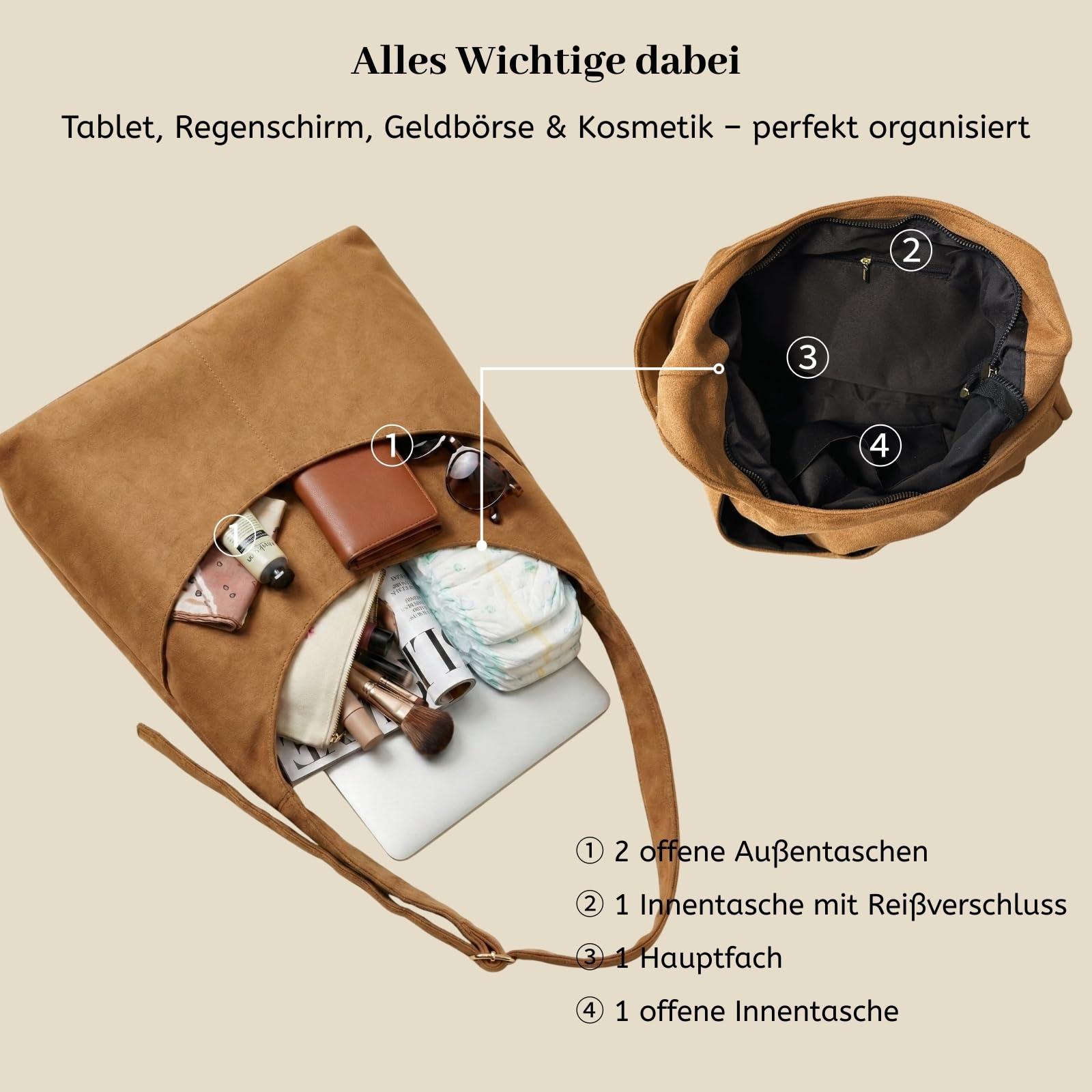 JANSBEN Wildleder Handtasche Damen Groß Shopper Tasche Damen Schultertasche Suede Hobo Bag Umhängetasche für Freizeit, Arbeit, Reisen