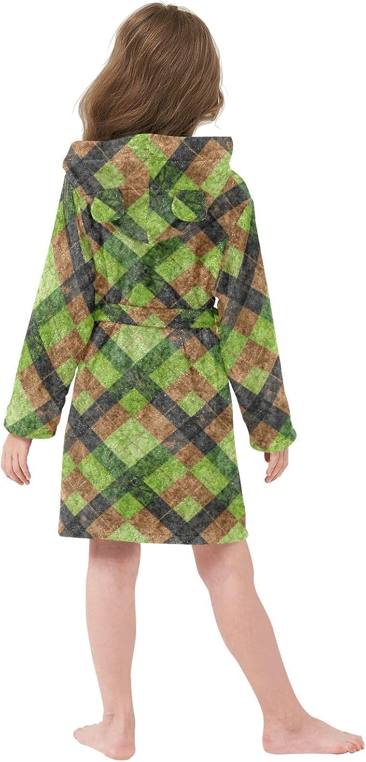 GuoChe Green and Brown Plaid Pattern Hooded Pajama Robe For Girls