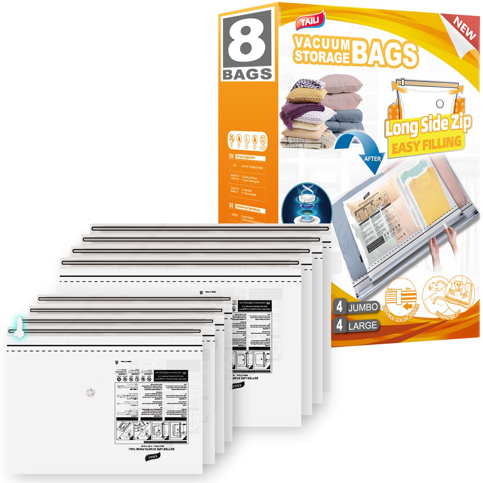 TAILI Vacuum Bags for Duvets with Long Zip, Pack of 8 (4 Large + 4 Extra Large), Vacuum Sealer Bags, Clothes, Blanket, Space, Saving Storage Bags for Travel