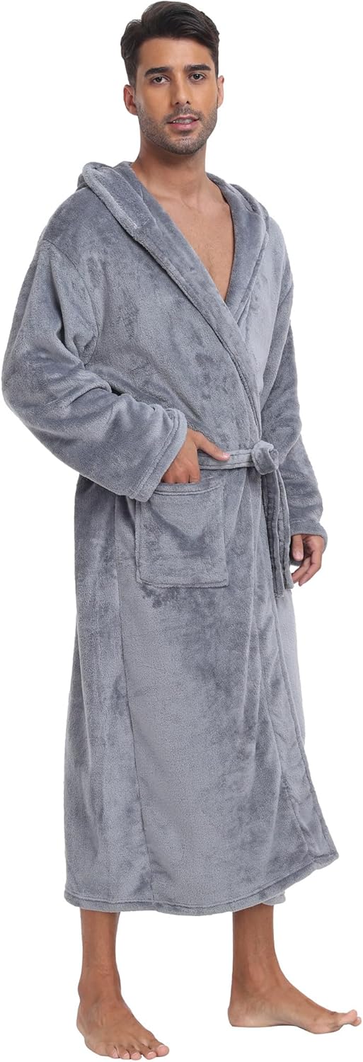 Men's Plush Hooded Bathrobe Winter Warm Fleece Robes Soft Flannel Long Robes with Pockets, Full Length - Image 4
