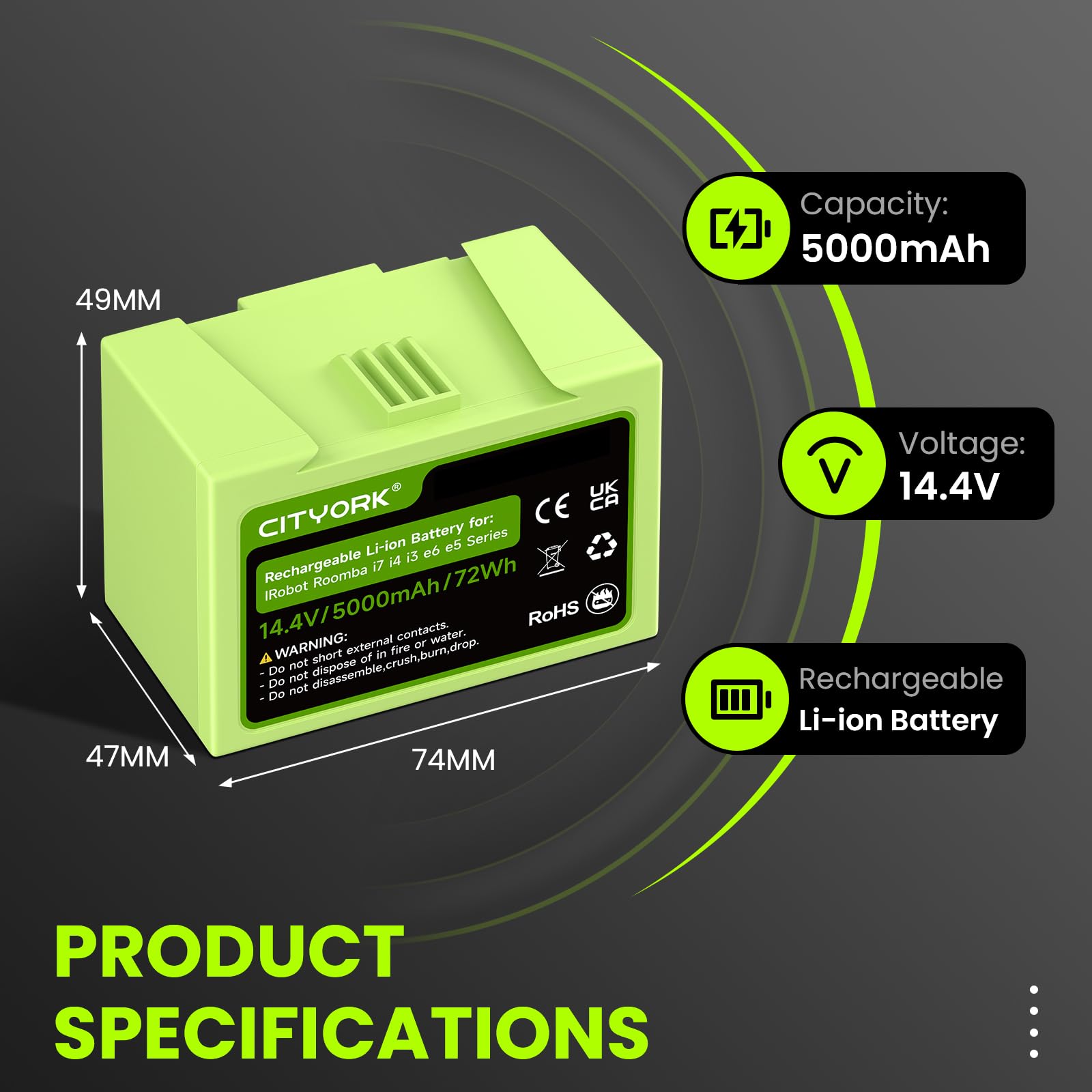 CITYORK 14,4V 5000mAh batteria di ricambio per iRobot Roomba i7/i7+ J7/J7+ i4/i4+ i3/i3+ e5 e6 7550,J7550,J755020,7150, J7150, i7158, i7550,i755020 ABL-D1