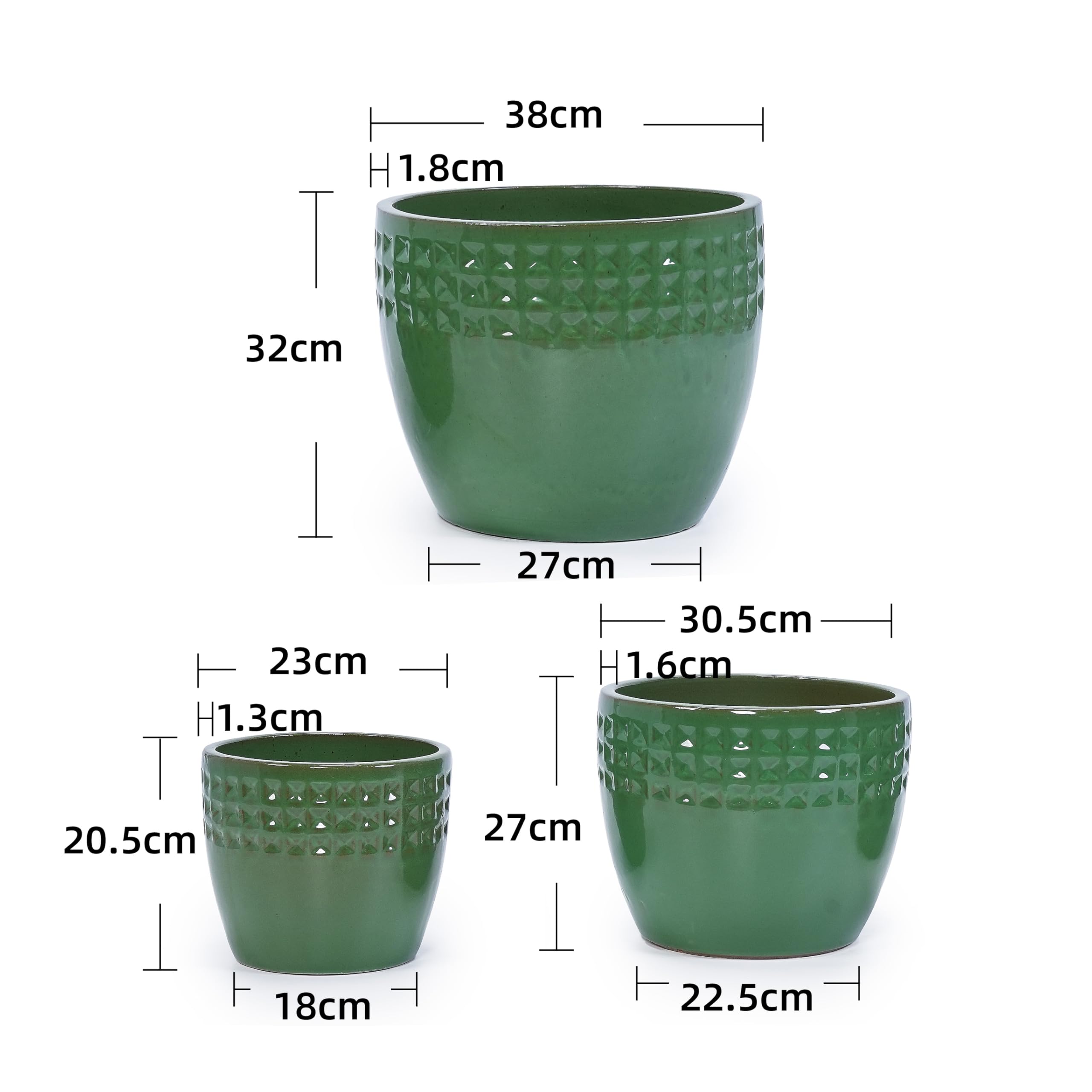 Ceramiczna doniczka na kwiaty, 3-częściowy, ręcznie wykonana, ozdobna doniczka z zielonym wzorem w romby, jasnozielona, Ø 38/30/23 cm, odporna na mróz i otwory odpływowe, do użytku wewnątrz i
