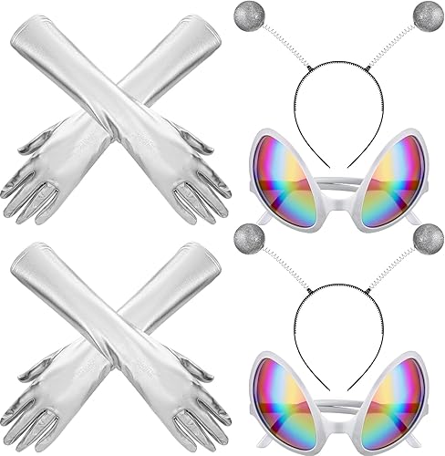 Kanayu 6 Pcs Halloween Alien Costume for Women Alien Headband Adult Martian Antenna Glasses Metallic Gloves