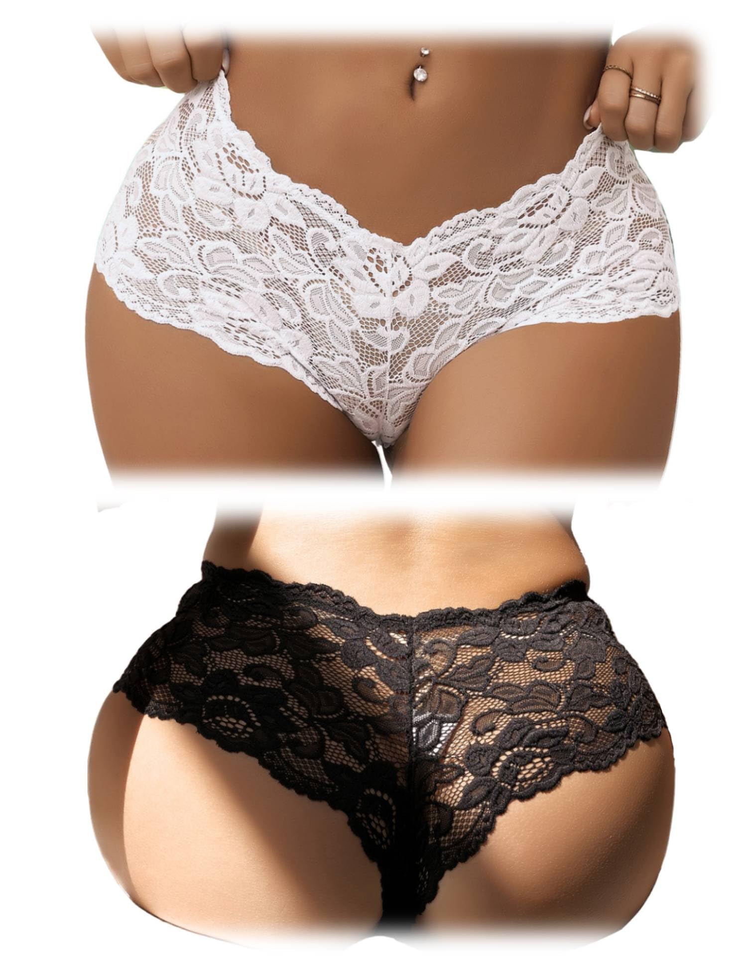 comeondear Übergröße Pantys mit Spitze Brazilian Slip Damen Hipster Große Größen String Tanga Bikini Höschen Low Rise Unterhosen Sexy Unterwäsche für die Frau G-String Underwear Women(Schwarz+Weiß,L)