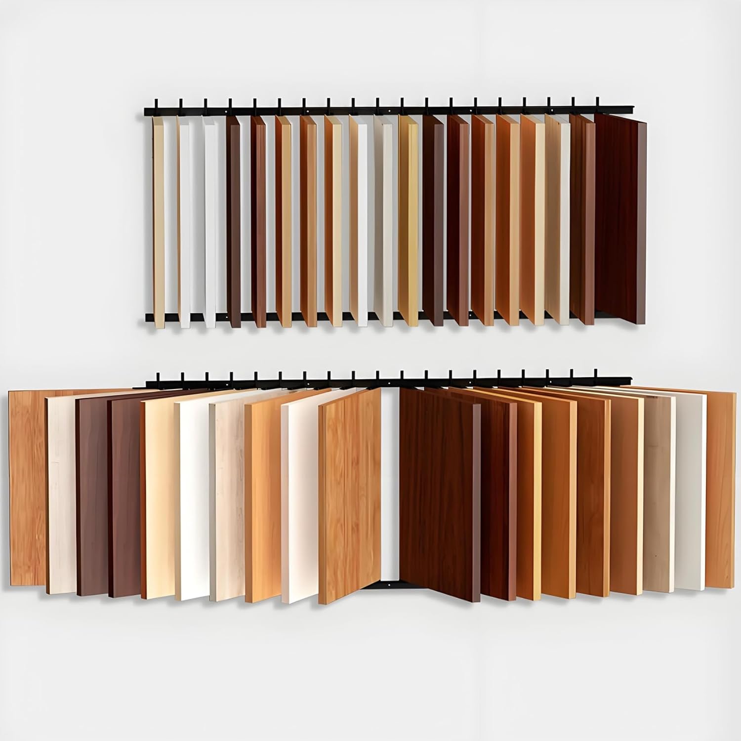 Metal Wall Mounted Sample Display Stand, Wooden Floor Holder, Floor Tile Organizer Stand, 20-Slot Rack for Flooring & Cabinet Door Samples, Adjustable Tilt, Easy Assembly