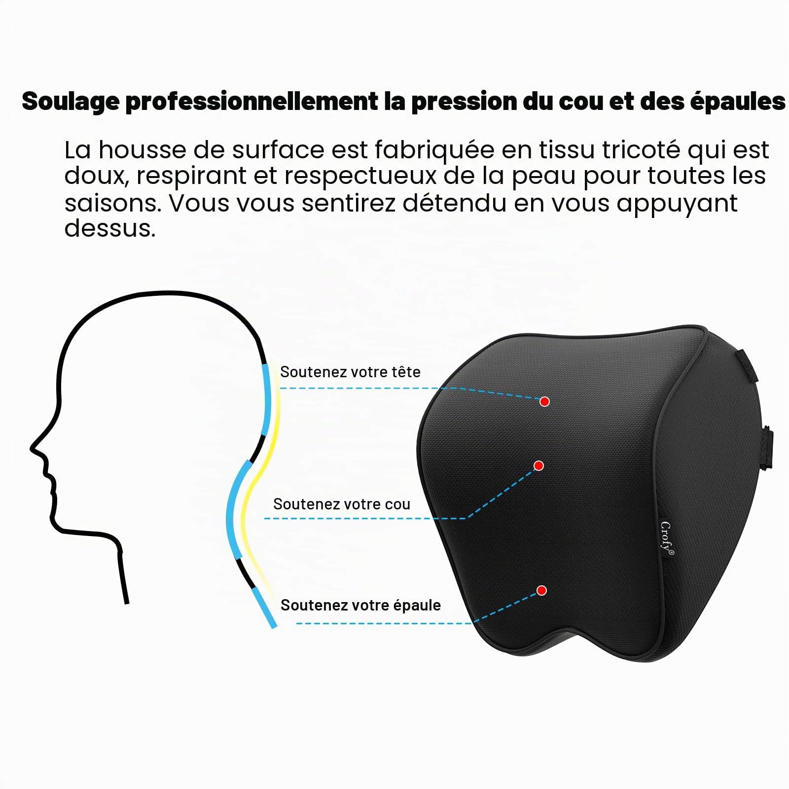 Crofy Lot de 2 Oreillers de Cou pour Voiture, Appuie-tête Doux pour la Conduite avec Sangle Réglable, 100% Mousse à Mémoire de Forme et Housse Respirante Amovible, Design Ergonomique Confortable, Noir