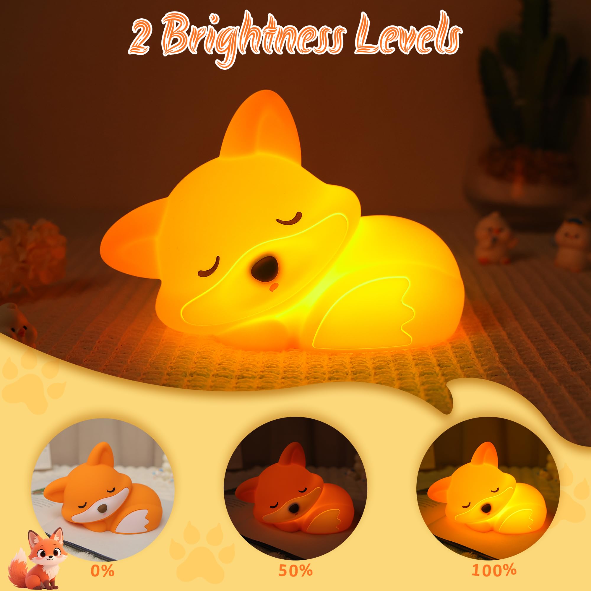 YuanDian Fox Night Light Squishy Fox Silicone Lamp Novelty Gifts Rechargeable Dimmable Timer Bedside Touch Nightlight for Breastfeeding — view 2