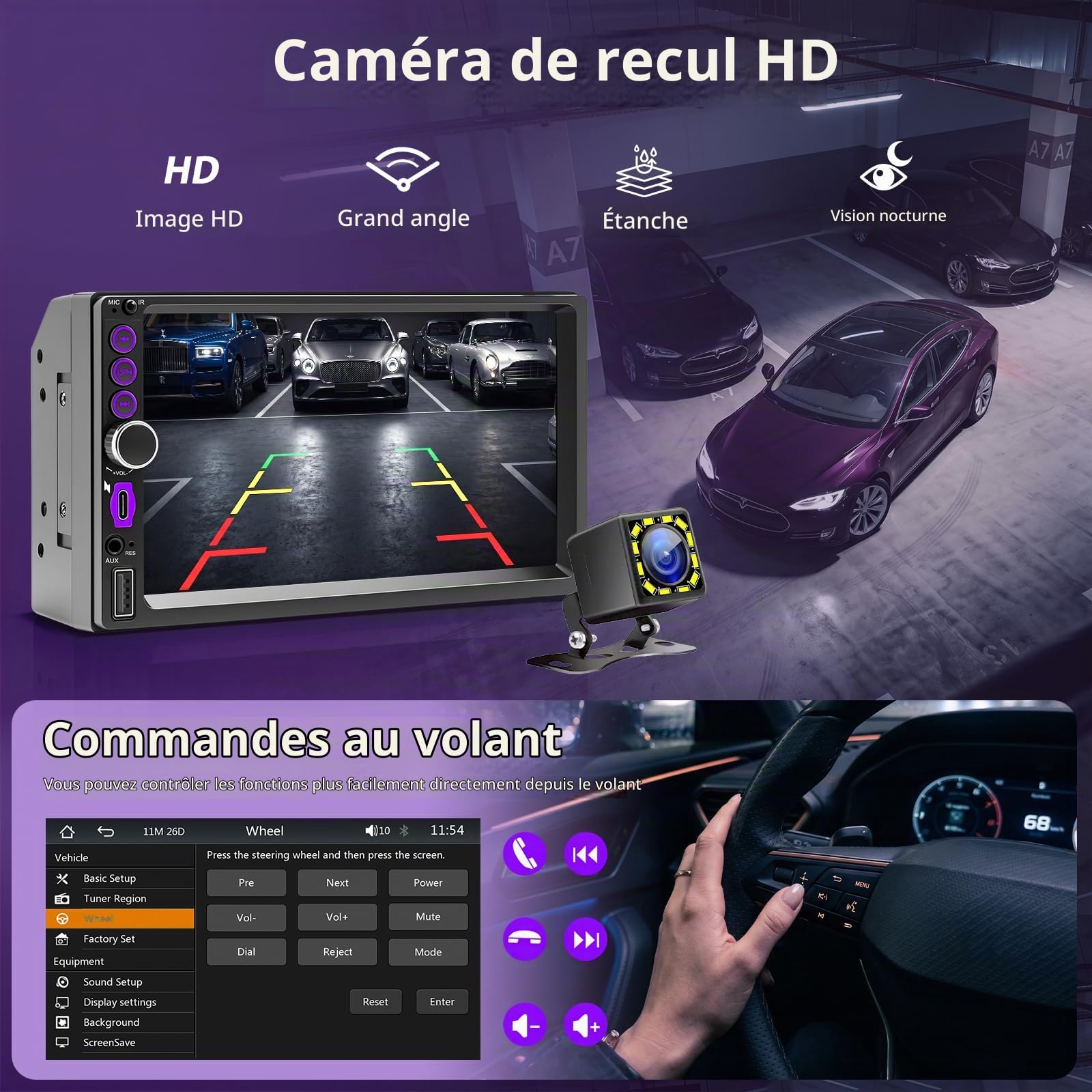 Autoradio 2 DIN avec CarPlay sans Fil et Android Auto - 7 Pouces Écran Tactile IPS, Poste Radio Voiture Bluetooth avec Caméra de Recul, Mirror Link, Type-C, USB, FM, Control Volant, Navigation GPS