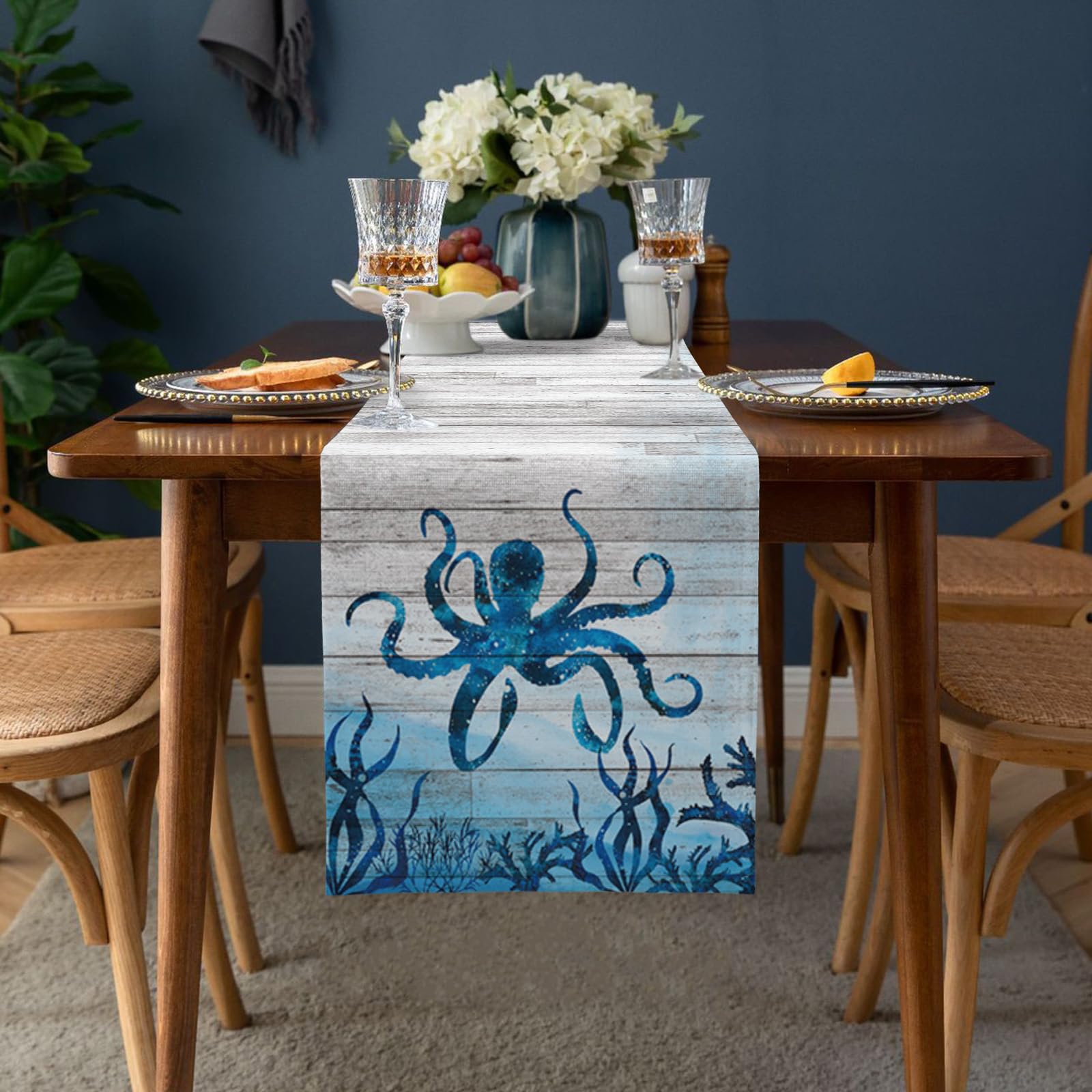 Blue Turtle Coastal Table Runner, 108 Inches Long - Cotton Linen Farmhouse Beach Decor - View #3