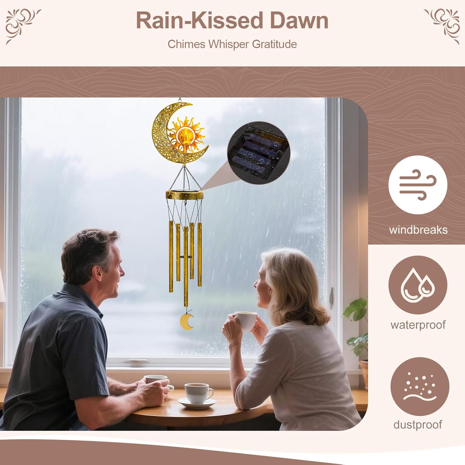 Solar Moon and Sun Crackle Glass Wind Chimes with Bronze Tubes