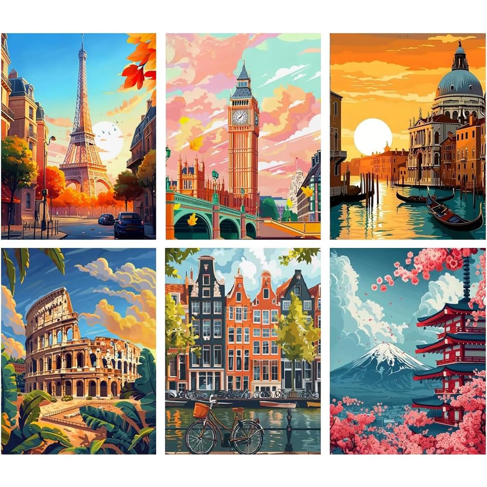 Jakener 6 Pack Diamond Art-City-251216 6 Pack Diamond Art Kits Adults, 5D Famous Landscape Diamond Painting Kit For Adults, Diy Full Round Drill Crystal Gem Art Craft, Home Wall Decor 12X16 Inch