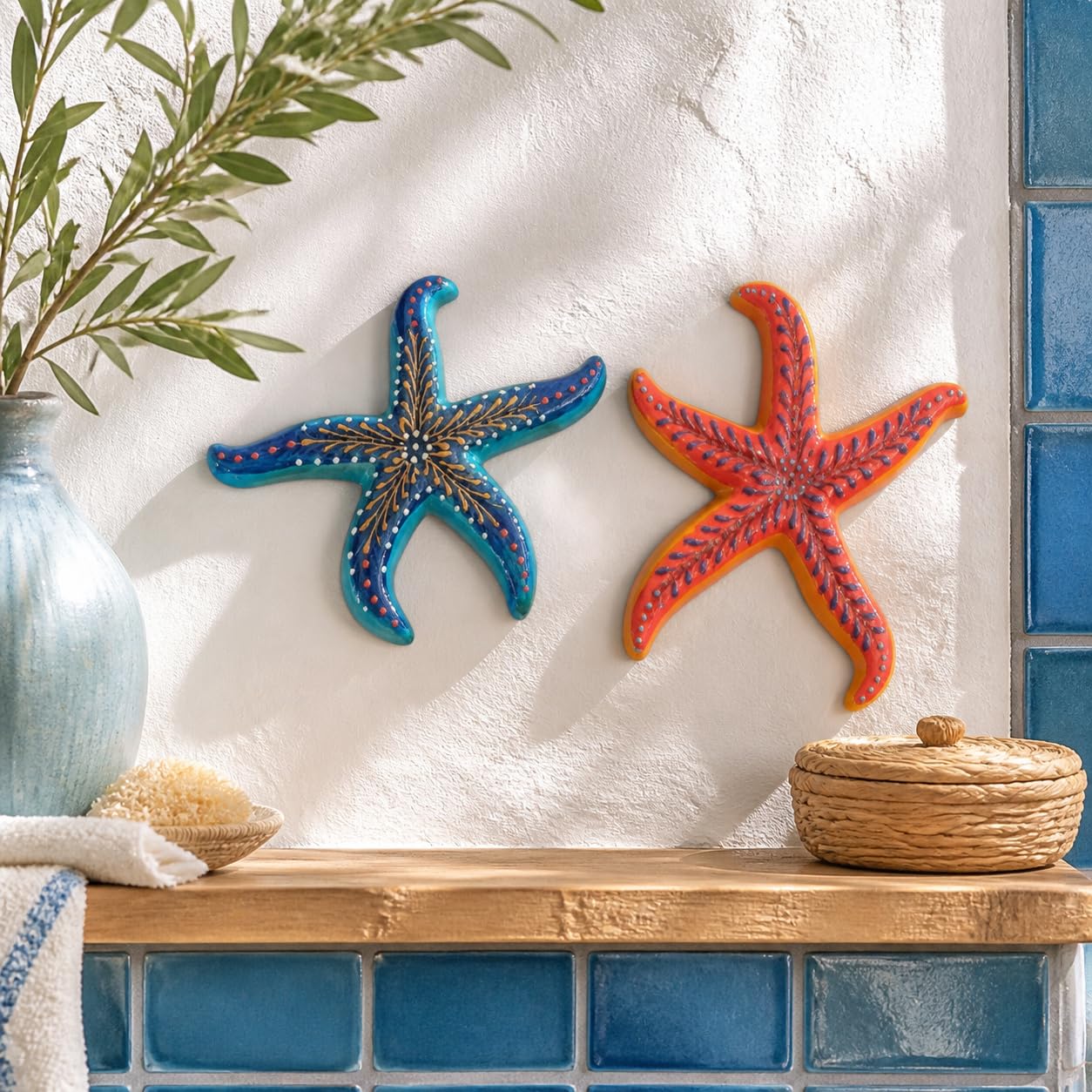 Estrellas de mar cerámica Colgantes Pack de 2, esculturas Decorativas 23 cm para Pared, baño, terraza y hogar mediterráneo