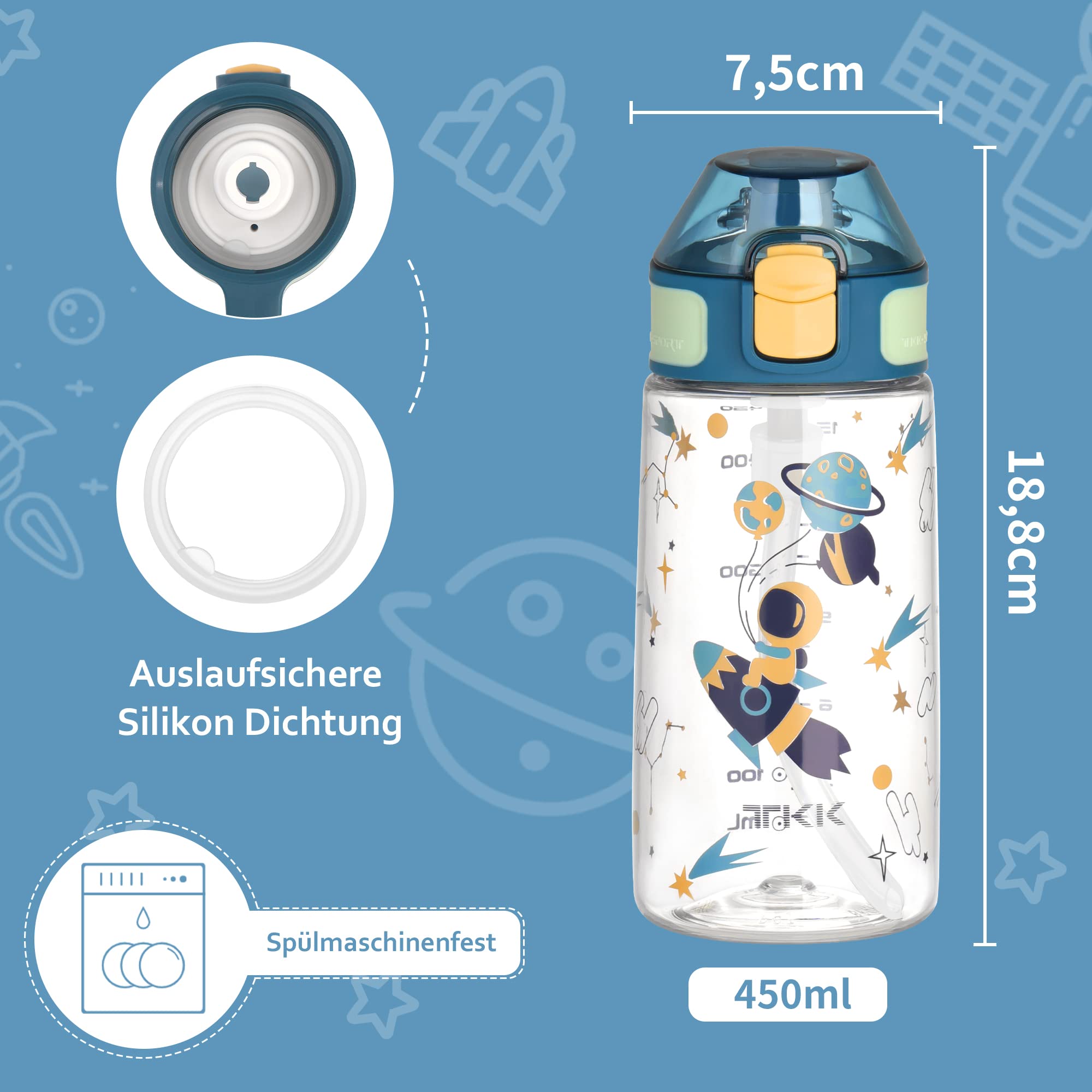 TKK Kinder-Wasserflasche 530 Ml – Mit Trinkhalm, Auslaufsicher & BPA-frei Für Schule & Sport