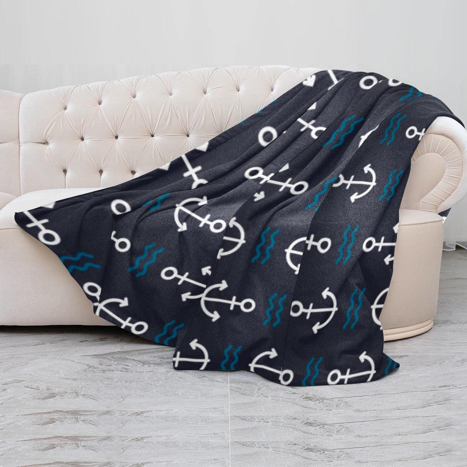 Manta de forro polar, súper suave y lujosa, con ancla en azul oscuro