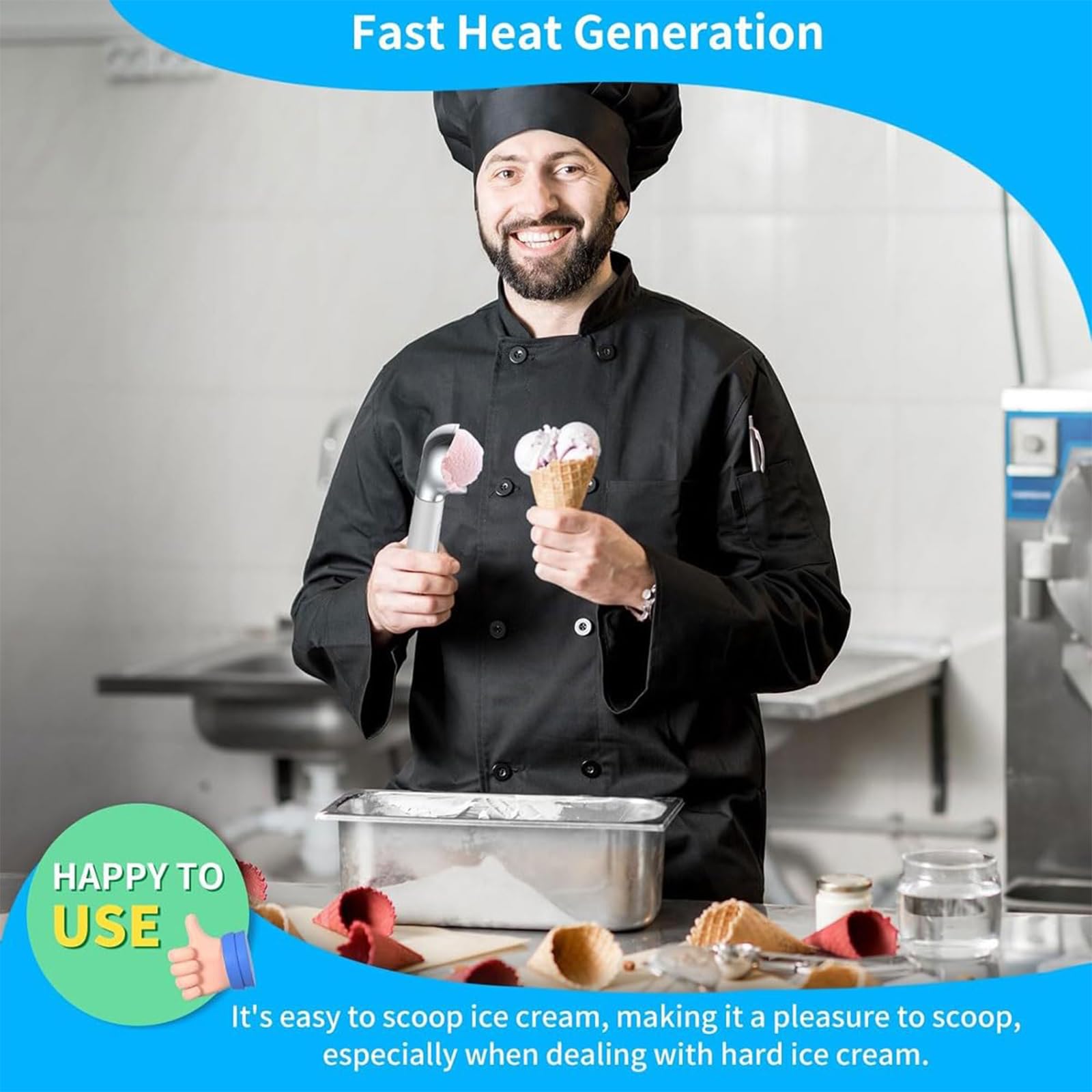 Cuillère à glace chauffante avec batterie rechargeable, écran LED, chauffe jusqu'à 70 °C, design étanche pour usage domestique et fêtes