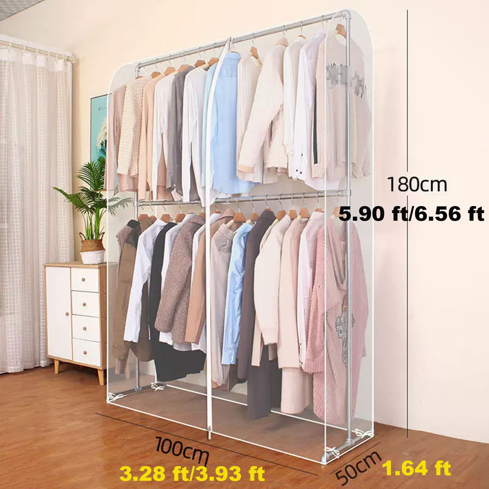 Custodia per appendiabiti, copertura per bastone per abbigliamento trasparente traslucida con cerniera, protezione multidimensione(B-120 x 50 x 200 cm)