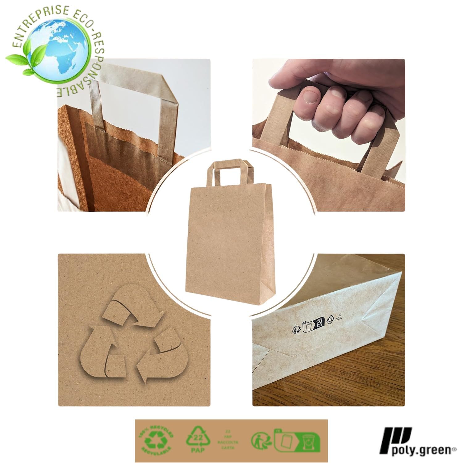 Sac Kraft Papier Recyclé | Fond Plat - Poignées Plates | Lot de 100 Sacs Cabas Haute Résistance | Apte Contact Alimentaire | Commerces - Alimentaire -Vente à Emporter - Cadeaux (32 + 22 X 28)