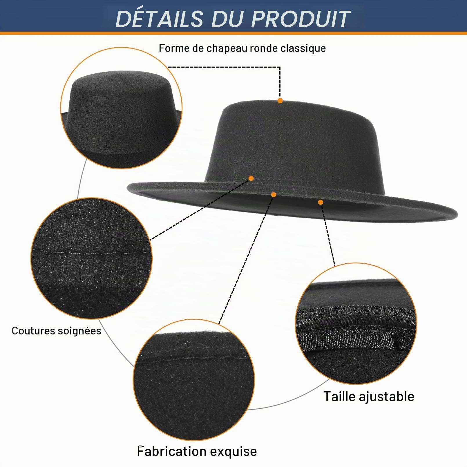 GEMVIE Chapeau Fedora Unisexe en mélangée à Bord Large en Feutre à Bord Plat pour église Derby Cap