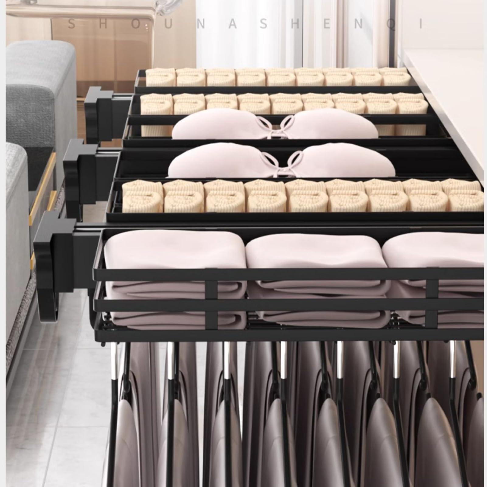 460mm, Panier De Garde-Robe, Tringle Habits Extractible, Cintres Polyvalents Antidérapants, Panier De Stockage De sous-Vêtements Et De Chaussettes, Cintre À Enfiler Monté sur Le Dessus