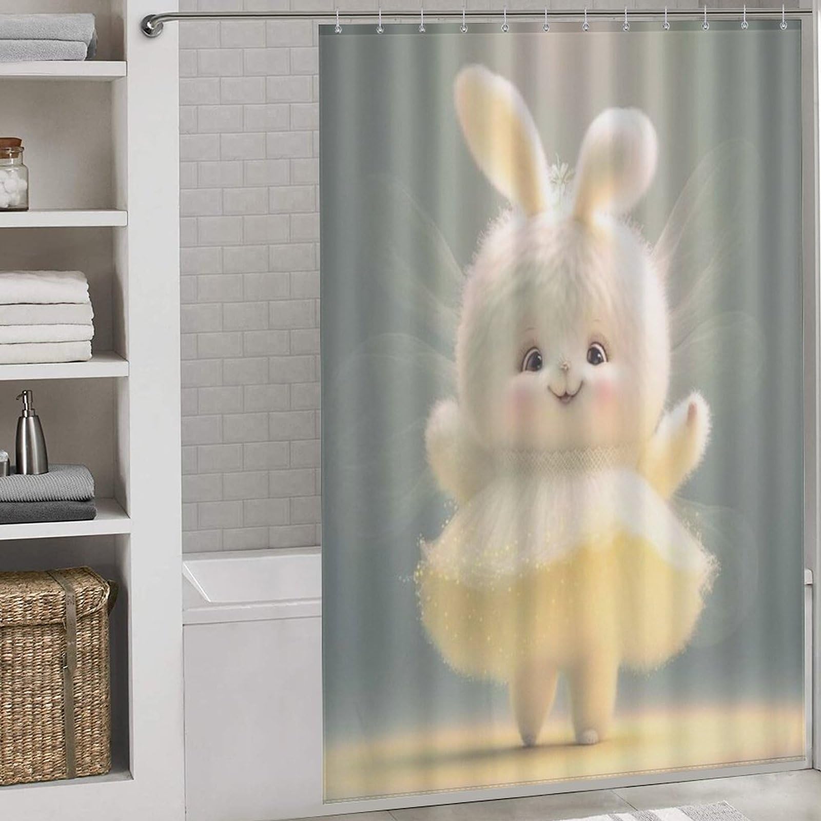 Rideau de douche imperméable et lavable en machine motif lapin blanc 152x183cm