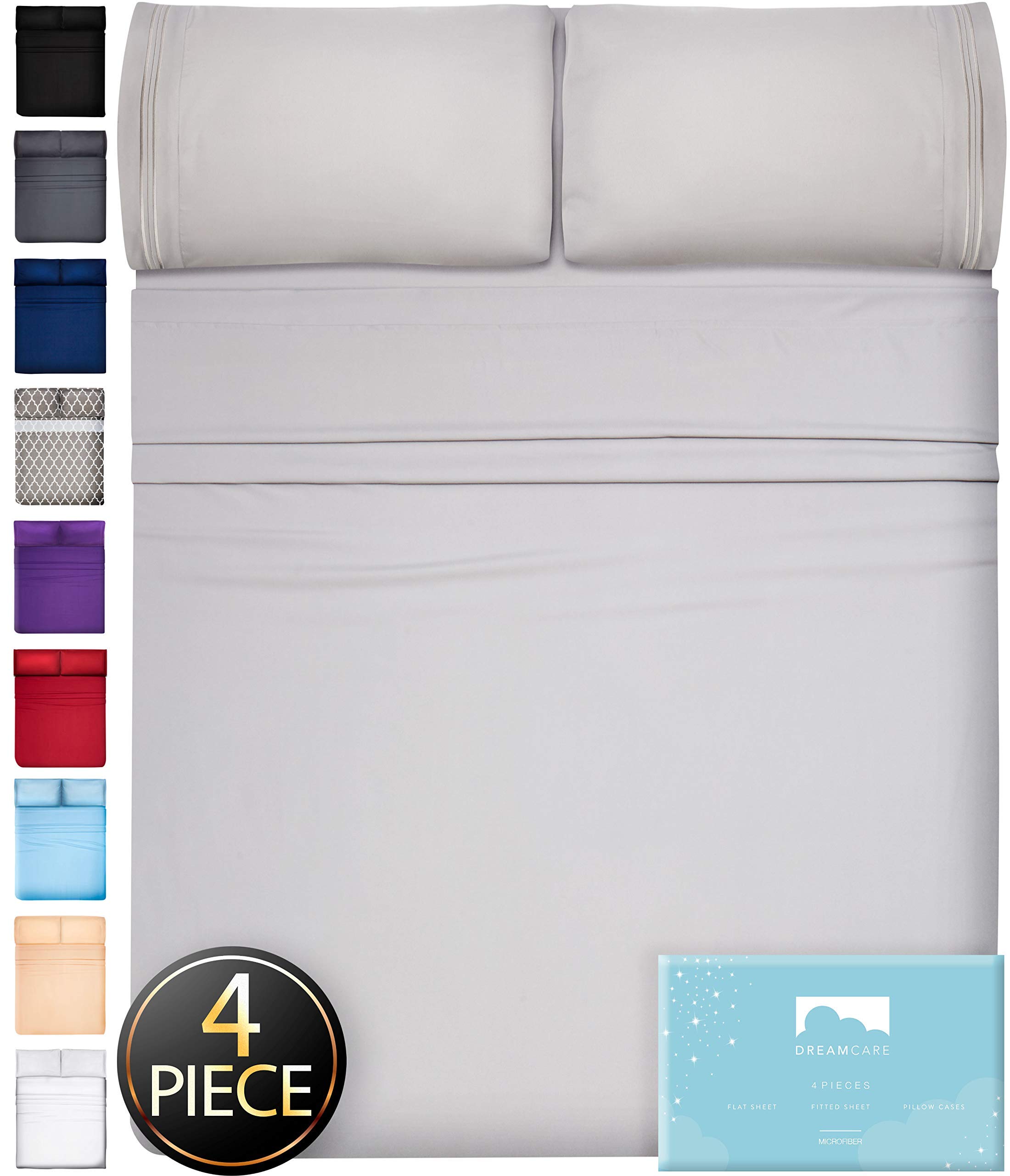 DREAMCARETwin Sheets - Cooling Bed Sheets - 4pc Set - Deep Pocket - Soft & Lasting 100% Brushed Polyester with Side Pocket - Light Gray