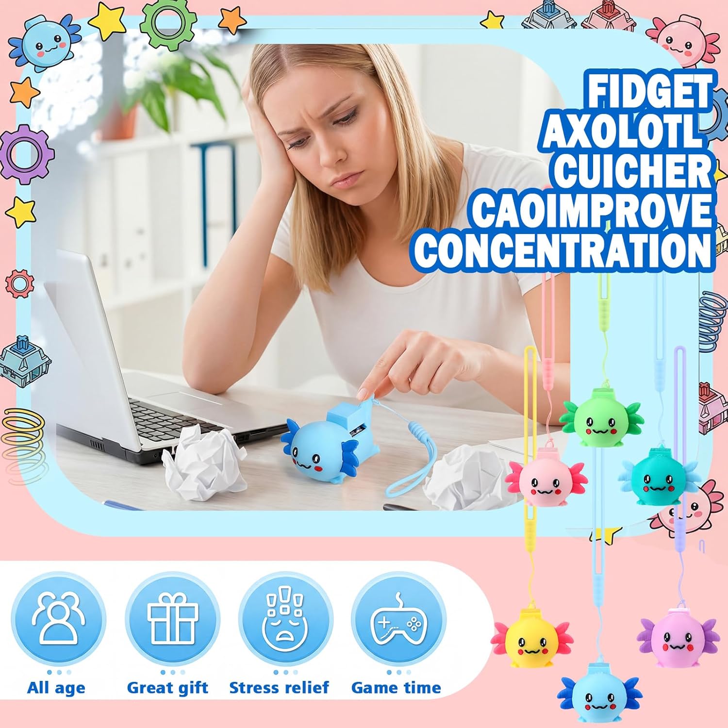 Seenelling 12 Pcs Axolotl Keyboard Fidget Keychain 3D Printed Tactile Stress Reliever with Mechanical Keyboard Cute Axolotl Animal Pocket-Sized Desk Decor Backpack Charm with Hand Wrist Strap Rope
