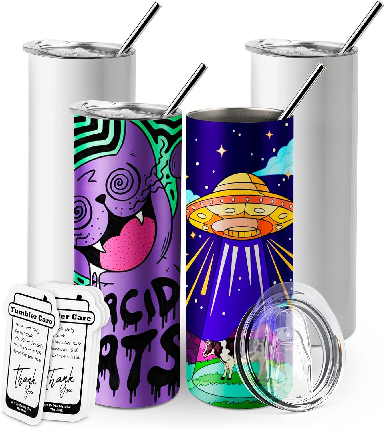 ISTOYO Sublimation Tumblers, [20 Oz Skinny Straight & Tumbler Care Cards] Pack of 4 Sublimation Blanks Stainless Steel Insulated Tumbler with Metal Straws Leak-proof Lids for Mug Press