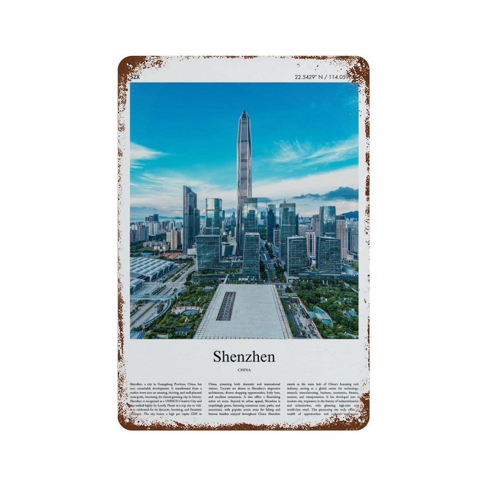 xiaoxiaoshen Shenzhen China City Scenery Wall Decor Art Metal Tin Poster Modern Home Decor Art Home Bar Shop Decorations Vintage Sign 30x20cm