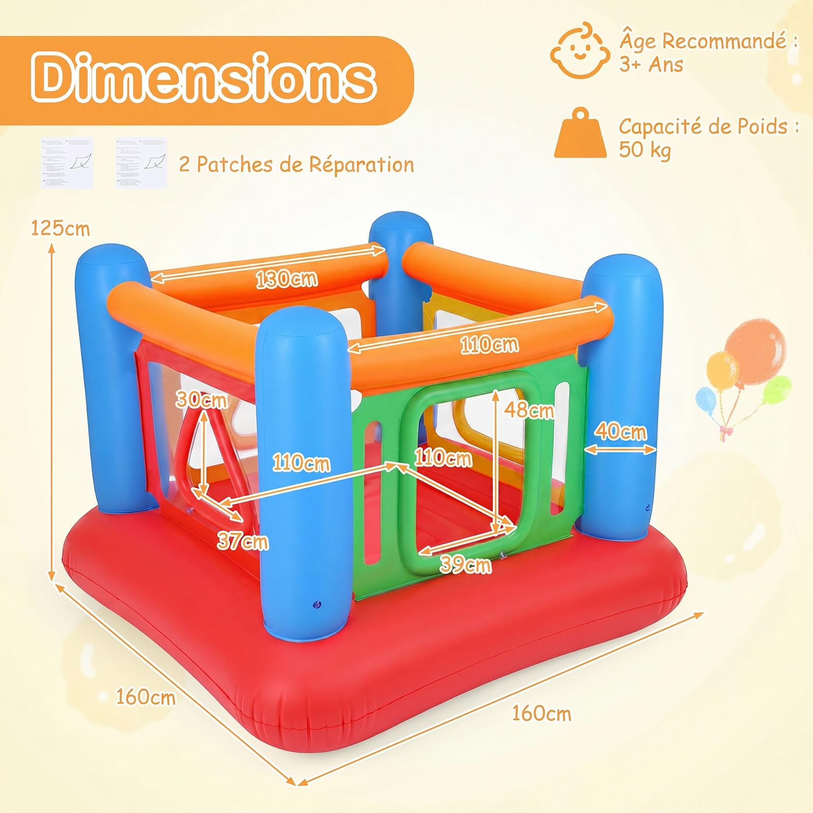 COSTWAY Château Gonflable avec Porte Latérale Géométrique et Trampoline (Bleu)