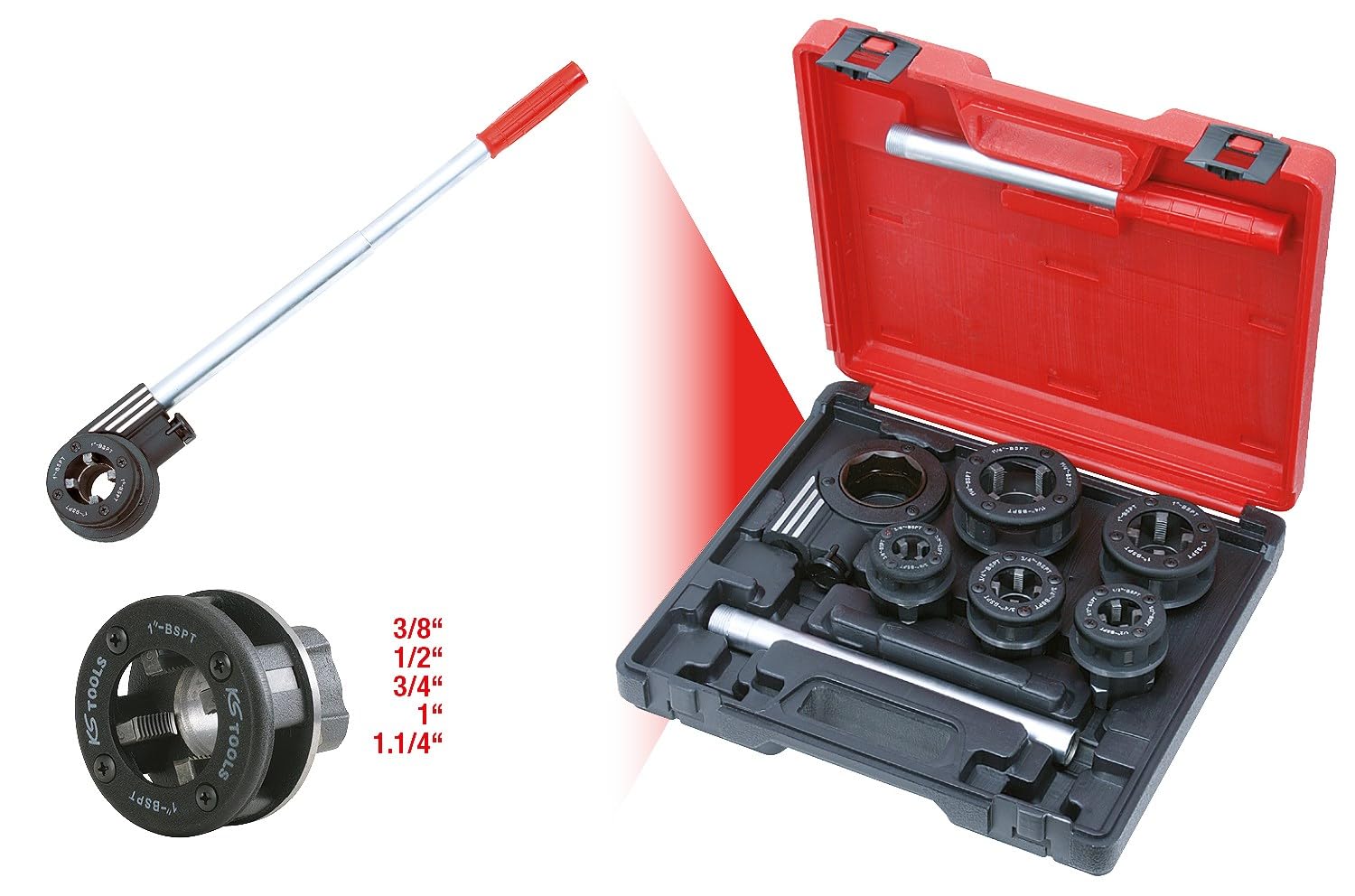 KS TOOLS 903.3300 Coffret de Filière à Main 3/8'-1/2-3/4-1-11/4, Filetages BSPT à Droite Rouge/Noir