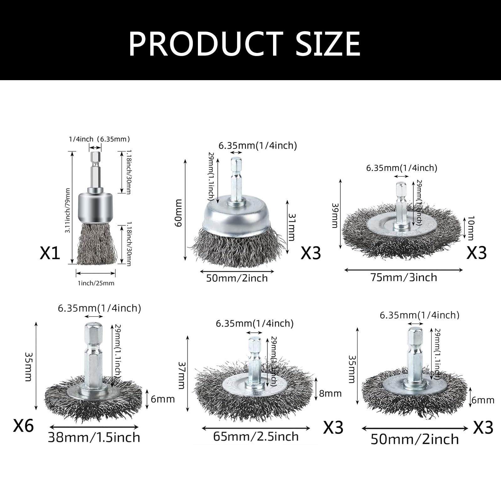 19Pcs spazzola metallica per trapano filo di acciaio al carbonio ruota spazzola tazza pennello penna pennello set con 1/4 "esagonale gambo per