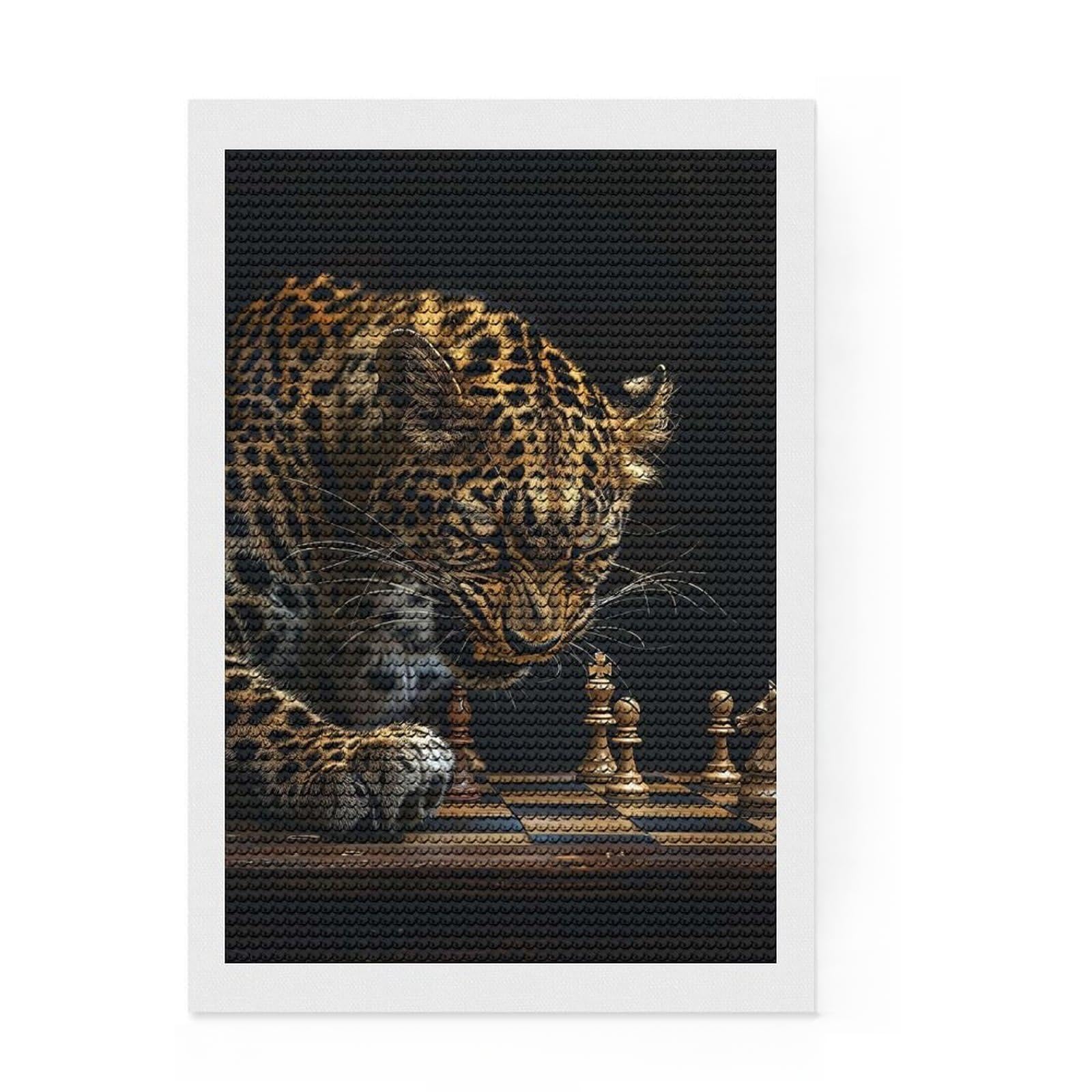 Junmoney Leopard Chess Full Drill Diamond Painting Kit 8"x12", Office Decor, for Beginners, Full Kit Included, Christmas Gift