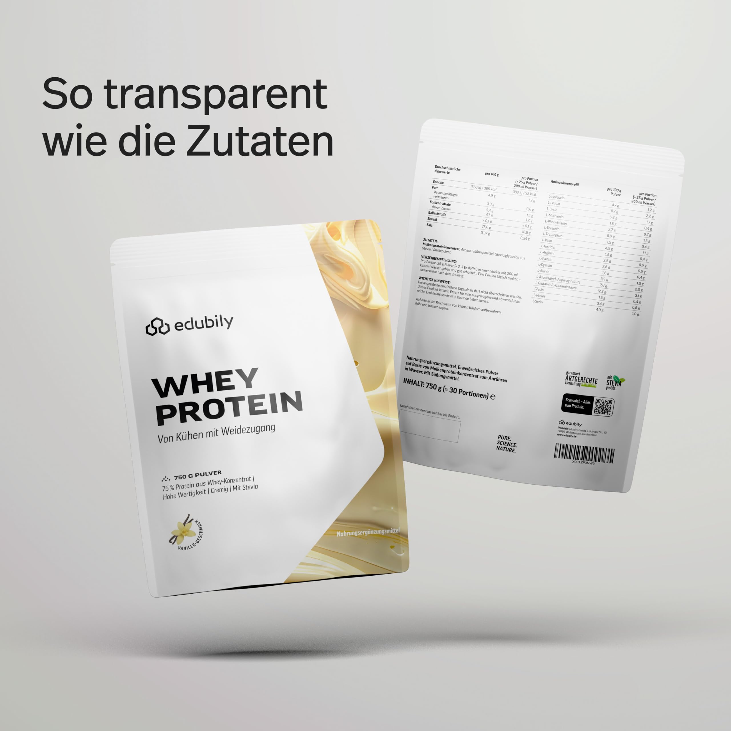 edubily® Whey Protein Konzentrat - Aus Milch von Kühen mit Weidezugang - Ohne Zucker & mit Stevia gesüßt - Optimale Löslichkeit - Made in Germany (750 g, Vanille)