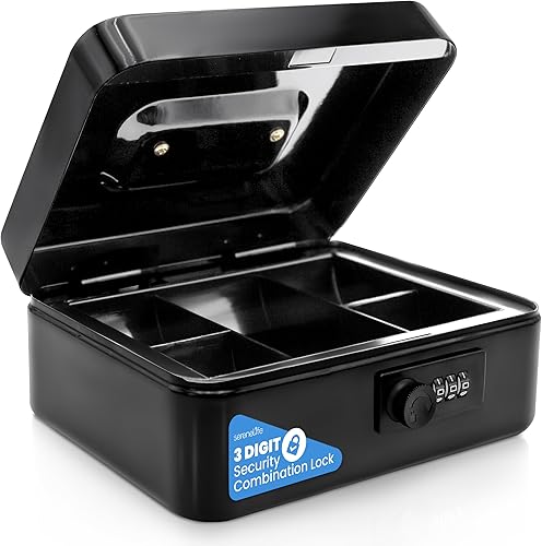 Serenelife Caja de metal de 8 pulgadas con cerradura, caja fuerte para efectivo con bandeja para dinero, 5 cajones con cerradura, bandeja de dinero
