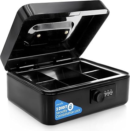 Serenelife 8" Metal Cash Box with Lock | Cash Safe Lock Box with Money Tray | 5 Lockable Drawers | Five Compartment Cash Tray | Storage for Valuables | 8” x 6.2” x 3.5” IN | Black