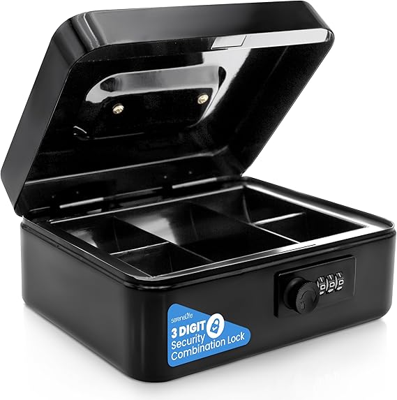Serenelife 8" Metal Cash Box with Lock | Cash Safe Lock Box with Money Tray | 5 Lockable Drawers | Five Compartment Cash Tray | Storage for Valuables | 8” x 6.2” x 3.5” IN | Black
