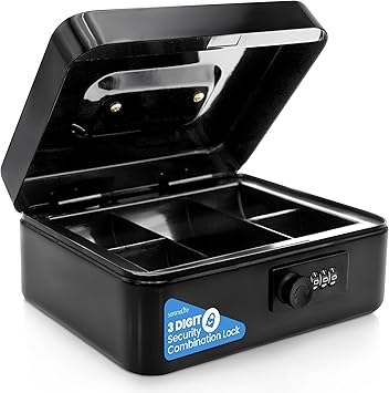 Serenelife 8" Metal Cash Box with Lock | Cash Safe Lock Box with Money Tray | 5 Lockable Drawers | Five Compartment Cash Tray | Storage for Valuables | 8” x 6.2” x 3.5” IN | Black