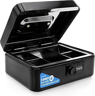 Serenelife 8" Metal Cash Box with Lock | Cash Safe Lock Box with Money Tray | 5 Lockable Drawers | Five Compartment Cash Tray | Storage for Valuables | 8” x 6.2” x 3.5” IN | Black