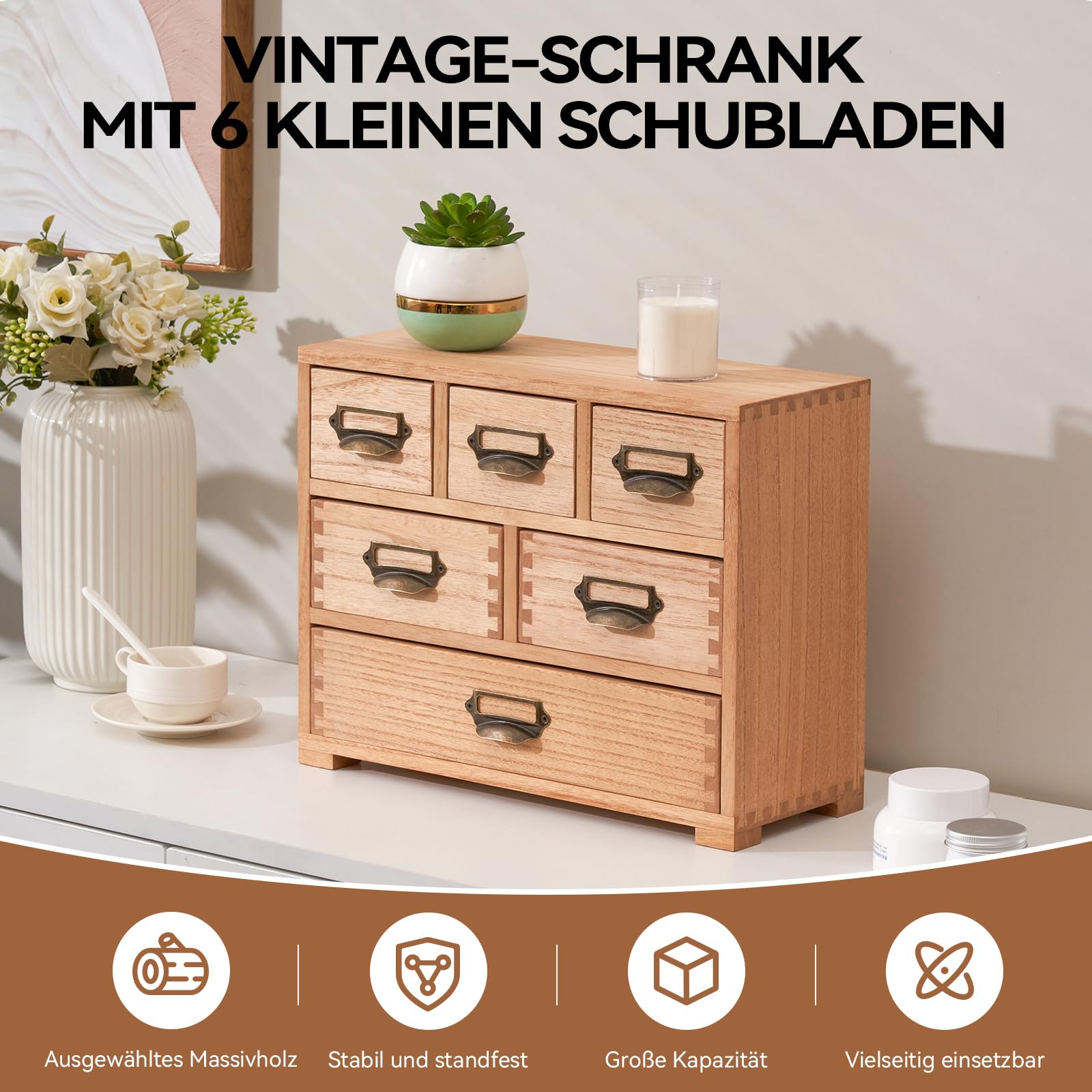 KIRIGEN Schubladenbox, Mini-Kommode, Schreibtisch-Organizer, Natur | 6 Schubladen, Paulownia-Massivholz, 35,7 x 14,2 x 28,1 cm, handgefertigt, fertig montiert, Zapfenverbindungen, mit Pflanzenöl