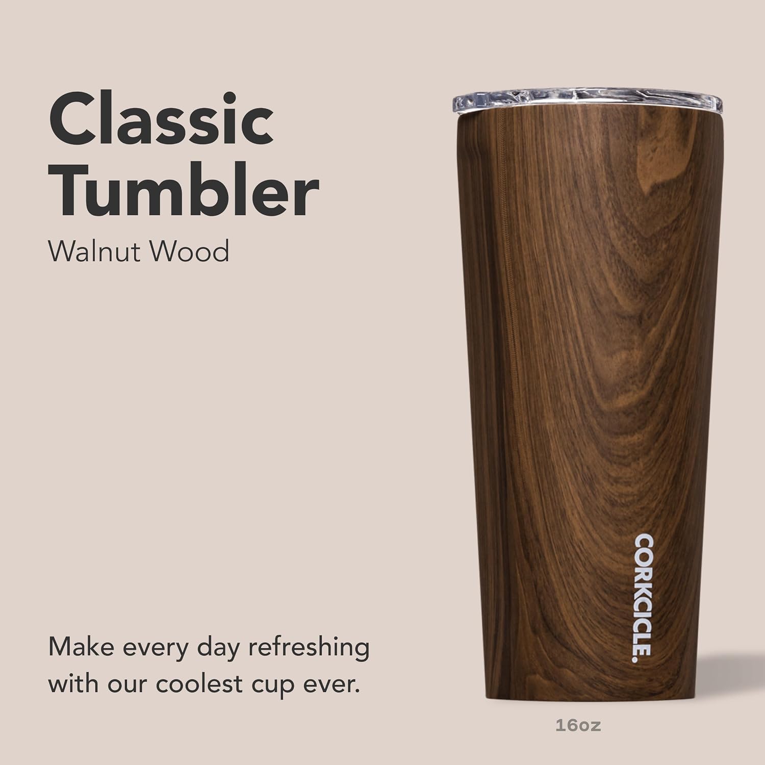 Corkcicle Classic Tumbler - Keeps Drinks Cold for 9 Hours & Hot for 3 - Triple-Insulated Stainless Steel - Holiday Tumbler Gift - 16 oz - Walnut Wood