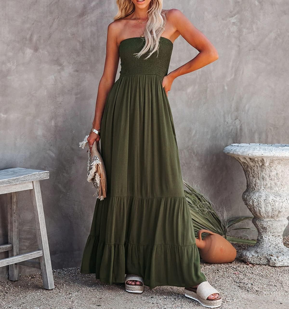 R.Vivimos Womens Summer Cotton Strapless Elastic Smocked Boho Beach Casual Flowy Maxi Tube Dresses - Image 2