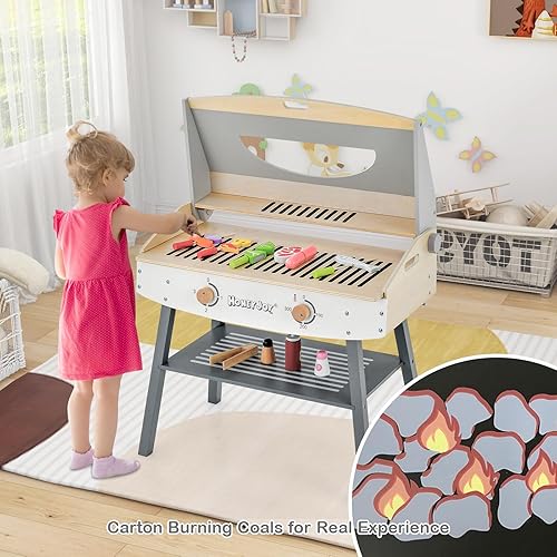 Miniatura 2 de HONEY JOY Juego de parrilla de barbacoa para niños, juego de juguetes de barbacoa de madera con 17 accesorios de comida y cocina, 4 patas de madera