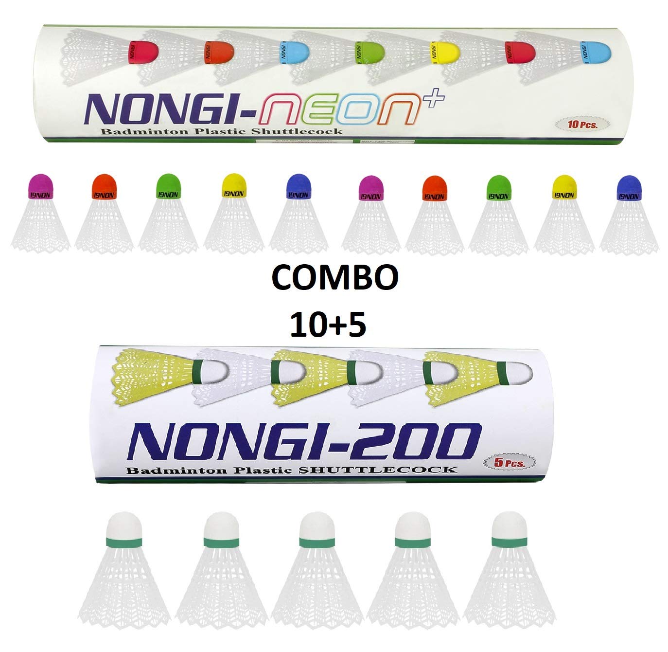 Nongi Neon PlusCombo Pack of 15 Shuttlecocks (10 Multicolored Cork Plastic), 200(5 White Plastic) for Outdoor Indoor Sports-image-24